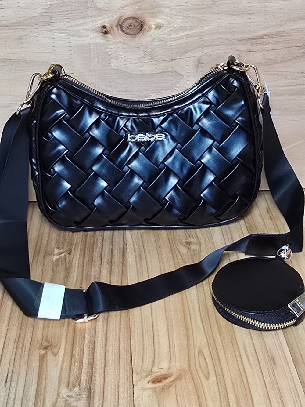 Brand New-Bebe Black Luca Woven Crossbody Bag With Zip Pouch